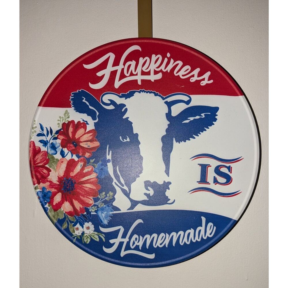 Pioneer Woman Metal Red White Blue Sign 14" Round Happiness Is Homemade Jar Lid
